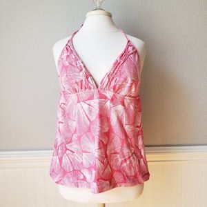 Pink and white tankini swimsuit top